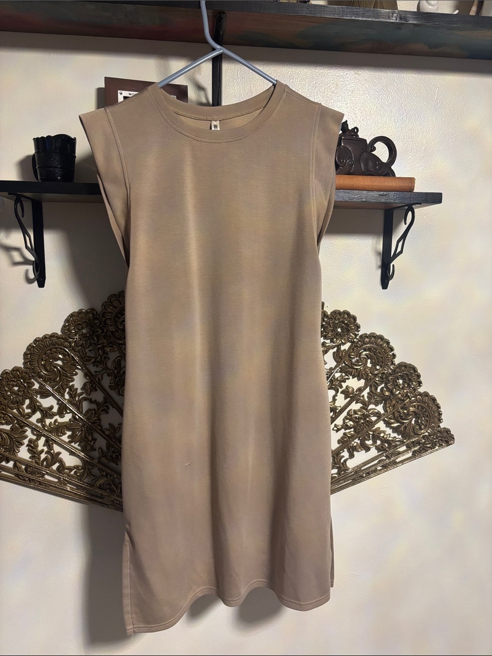 Sleeveless Crewneck Shift Dress in Taupe